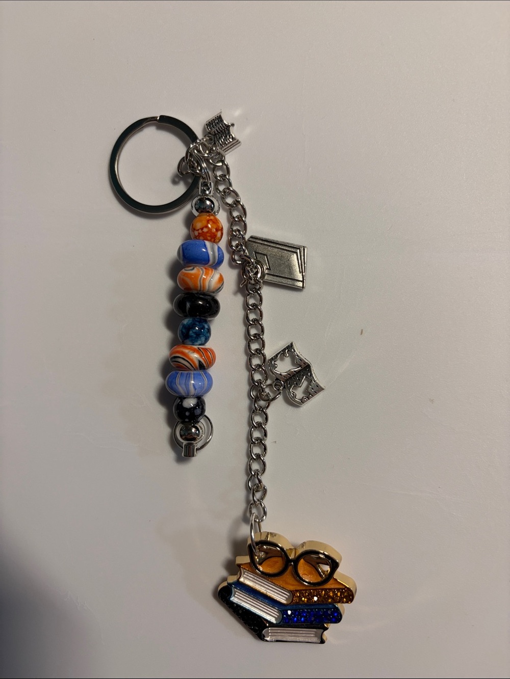 Beaded Bookstack Purse charm or Keychain with Glasses Charm - Multicolor